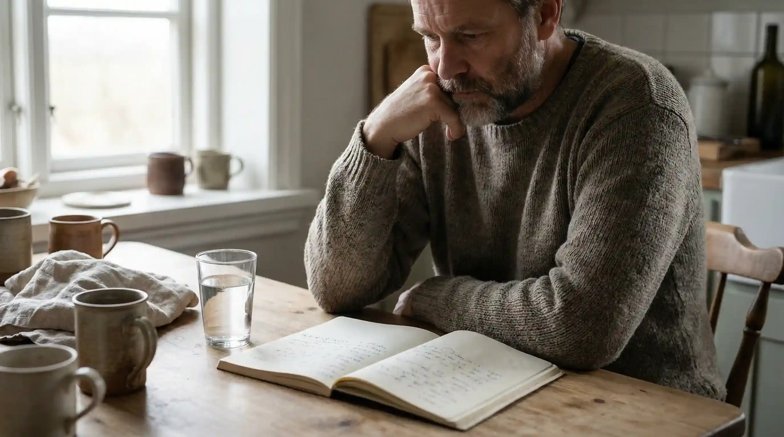 Personne pensive devant un carnet de notes sur une table en bois